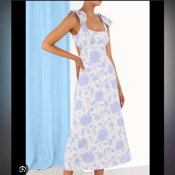 ZIMMERMANN | Postcard Tie Shoulder Midi Dress| Blue Tonal Florall - Picture 5 of 11